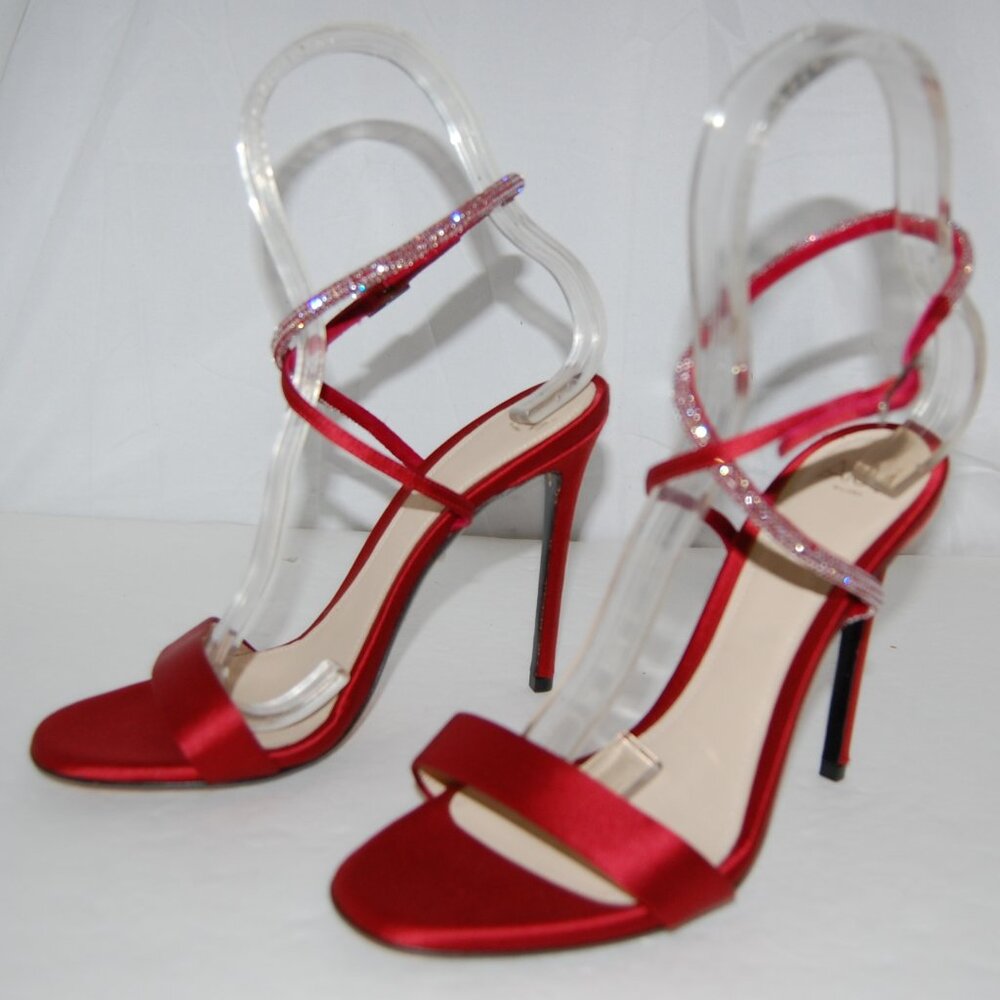 $695❤️37/7 ITALY ALEVI MILANO Red Satin Leather Crystal High Heels Sandals